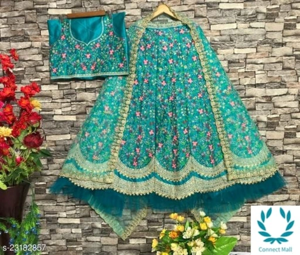 Beautiful Semi Stitched  lehenga Choli - Free Size, Sky Blue, Satain Dupatta Fabric : Net, Embroidered, Multipack :1